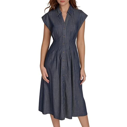 Tommy Hilfiger Womens Cap Sleeve Chambray Fit and Flare Midi Dress in Saudi Arabia