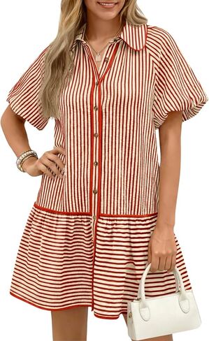 Wenrine Womens Summer Button Down Shirt Dress Casual Striped Puff Short Sleeve Collared Loose Mini Dresses with Pockets in Saudi Arabia