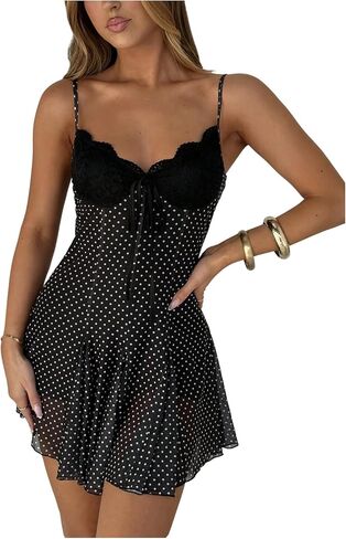 GORGLITTER فستان نسائي قصير منقطة Y2k دانتيل شبكي ربطة القوس فيونكة أمامية على شكل حرف V فساتين على شكل حرف A ملابس Coquette in Kuwait