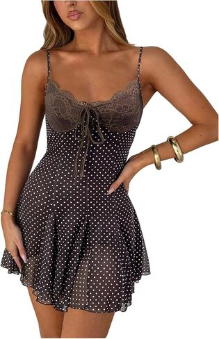 GORGLITTER Women's Polka Dots Mini Dress Y2k Lace Mesh Bow Tie Front V Neck A Line Dresses Coquette Clothes in Saudi Arabia