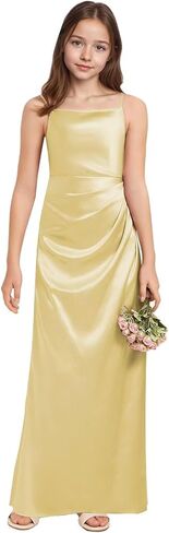 dideyttawl Junior Bridesmaid Dress for Wedding Sheath Square Neck Pleated Satin Flower Girl Dress 2520 in Kuwait