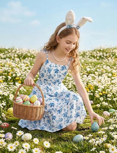 HOZIY Girls Spring Dresses Ruffled Tiered Adjustable Strap Midi Dress Juniors Casual Formal Sundress 5-14 Years in Kuwait