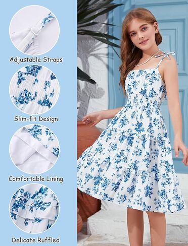 HOZIY Girls Spring Dresses Ruffled Tiered Adjustable Strap Midi Dress Juniors Casual Formal Sundress 5-14 Years in Kuwait