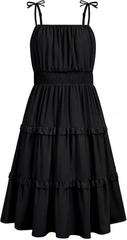 HOZIY Girls Spring Dresses Ruffled Tiered Adjustable Strap Midi Dress Juniors Casual Formal Sundress 5-14 Years in Kuwait