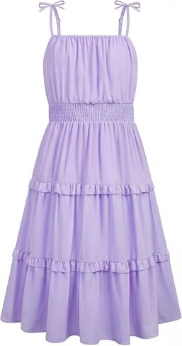 HOZIY Girls Spring Dresses Ruffled Tiered Adjustable Strap Midi Dress Juniors Casual Formal Sundress 5-14 Years in Kuwait