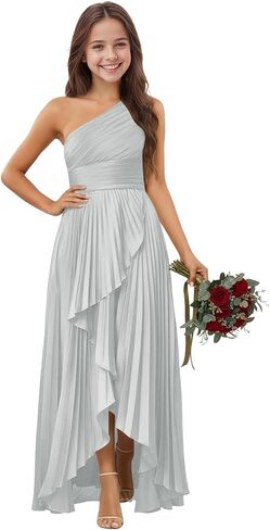 Satin Junior Bridesmaid Dress One Shoulder Flower Girl Dress for Wedding High-Low Formal Girls Dresses with Slit in Saudi Arabia