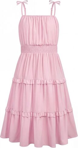 HOZIY Girls Spring Dresses Ruffled Tiered Adjustable Strap Midi Dress Juniors Casual Formal Sundress 5-14 Years in Kuwait