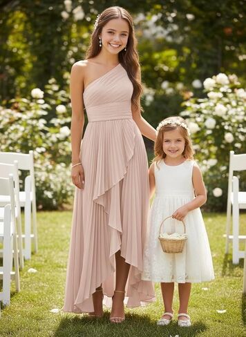Satin Junior Bridesmaid Dress One Shoulder Flower Girl Dress for Wedding High-Low Formal Girls Dresses with Slit in Saudi Arabia