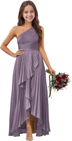 Satin Junior Bridesmaid Dress One Shoulder Flower Girl Dress for Wedding High-Low Formal Girls Dresses with Slit in Saudi Arabia