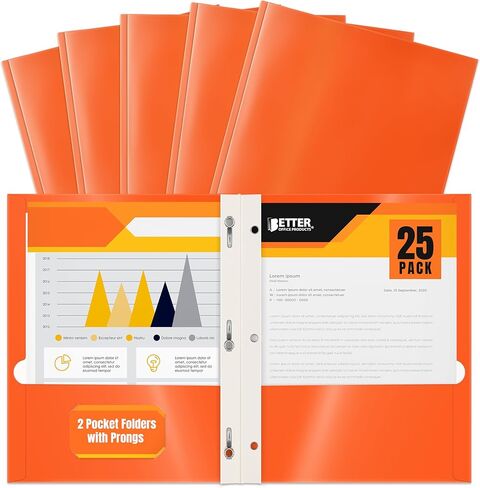 مجلدان ورقيان برتقاليان لامعان للجيب مع شوكات، 25 حزمة، من شركة Better Office Products، حجم الحروف، حافظات ورق برتقالية شديدة اللمعان مع 3 مثبتات معدنية، صندوق مكون من 25 قطعة، برتقالي in Kuwait