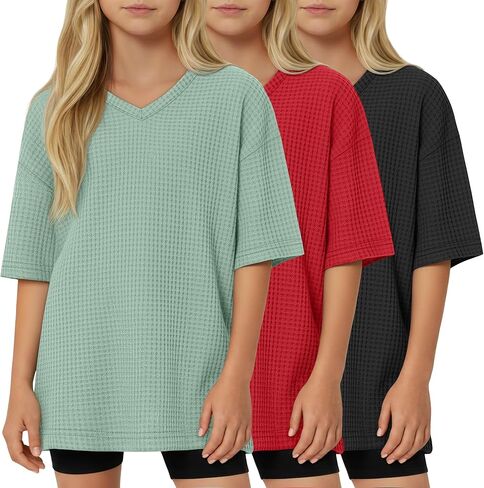 مجموعة من 3 تي شيرتات للفتيات كبيرة الحجم مقاس 5-14 سنة من نسيج الوافل بياقة على شكل V وأكمام قصيرة تي شيرت صيفي خفيف الوزن بأكتاف منسدلة in Kuwait