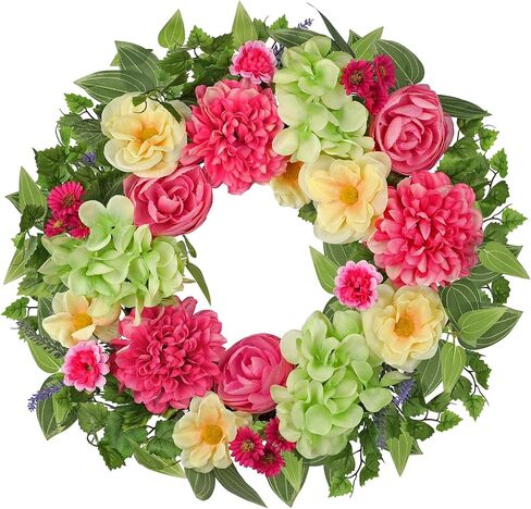 Briful Spring Floral Wreath for Front Door, 16in Artificial Hanging Wreath with Silk Flowers & Greenery Outdoor Flower Wreath for Home Porch Entryway Wall Decor in Saudi Arabia