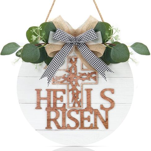 TOARTi He is Risen إكليل علامة الباب الأمامي لعيد الفصح (11.4 بوصة × 11.4 بوصة)، لوحة معلقة على الحائط المسيحي الريفي، ديكور باب خشبي للمنزل الديني للمزرعة لهدية عيد الفصح in Saudi Arabia