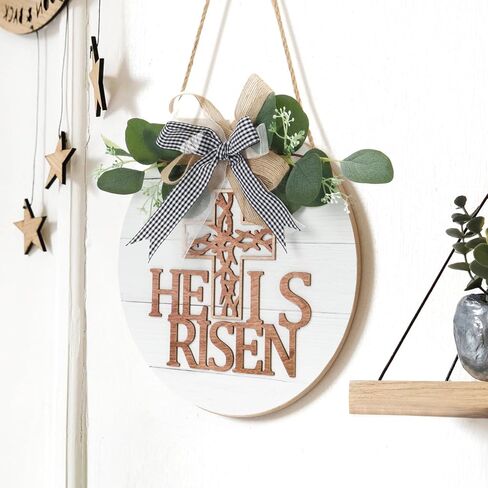 TOARTi He is Risen إكليل علامة الباب الأمامي لعيد الفصح (11.4 بوصة × 11.4 بوصة)، لوحة معلقة على الحائط المسيحي الريفي، ديكور باب خشبي للمنزل الديني للمزرعة لهدية عيد الفصح in Saudi Arabia