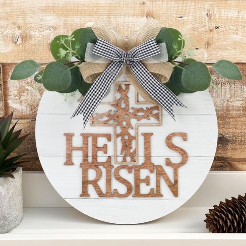 TOARTi He is Risen إكليل علامة الباب الأمامي لعيد الفصح (11.4 بوصة × 11.4 بوصة)، لوحة معلقة على الحائط المسيحي الريفي، ديكور باب خشبي للمنزل الديني للمزرعة لهدية عيد الفصح in Saudi Arabia