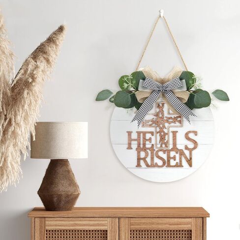 TOARTi He is Risen إكليل علامة الباب الأمامي لعيد الفصح (11.4 بوصة × 11.4 بوصة)، لوحة معلقة على الحائط المسيحي الريفي، ديكور باب خشبي للمنزل الديني للمزرعة لهدية عيد الفصح in Saudi Arabia