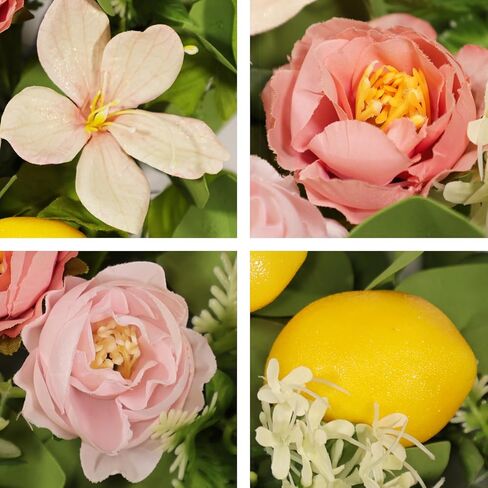 إكليل الليمون والأوكالبتوس للباب الأمامي - إكليل الليمون الاصطناعي مقاس 22 بوصة مع أوراق القماش والكاميليا الوردية، ديكور مطبخ المزرعة، شماعة حائط للترحيب بالربيع والصيف in Kuwait