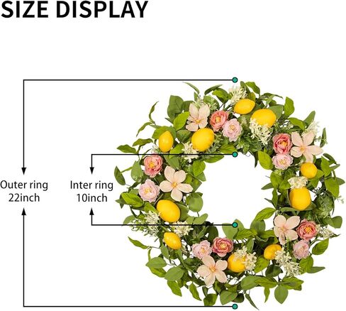 إكليل الليمون والأوكالبتوس للباب الأمامي - إكليل الليمون الاصطناعي مقاس 22 بوصة مع أوراق القماش والكاميليا الوردية، ديكور مطبخ المزرعة، شماعة حائط للترحيب بالربيع والصيف in Kuwait