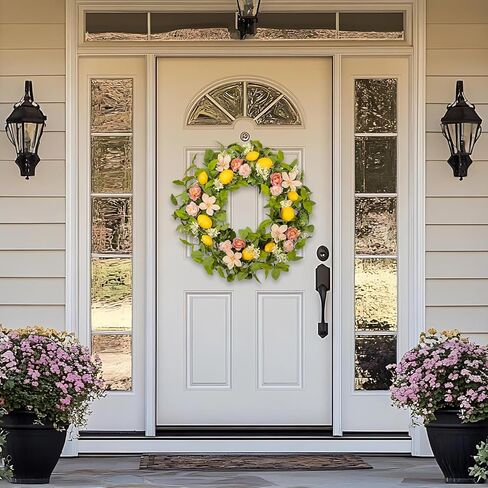 إكليل الليمون والأوكالبتوس للباب الأمامي - إكليل الليمون الاصطناعي مقاس 22 بوصة مع أوراق القماش والكاميليا الوردية، ديكور مطبخ المزرعة، شماعة حائط للترحيب بالربيع والصيف in Kuwait