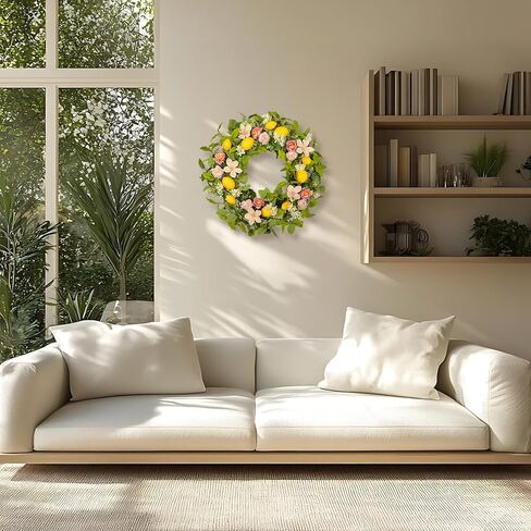 إكليل الليمون والأوكالبتوس للباب الأمامي - إكليل الليمون الاصطناعي مقاس 22 بوصة مع أوراق القماش والكاميليا الوردية، ديكور مطبخ المزرعة، شماعة حائط للترحيب بالربيع والصيف in Kuwait