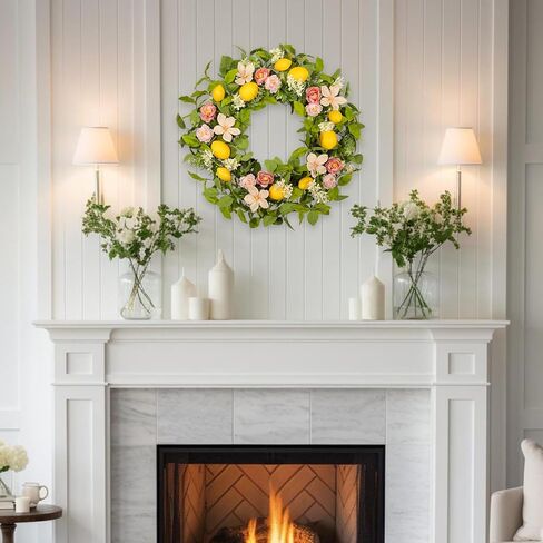 إكليل الليمون والأوكالبتوس للباب الأمامي - إكليل الليمون الاصطناعي مقاس 22 بوصة مع أوراق القماش والكاميليا الوردية، ديكور مطبخ المزرعة، شماعة حائط للترحيب بالربيع والصيف in Kuwait