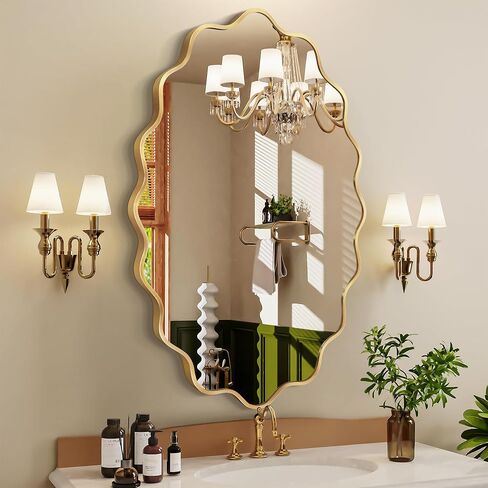 مرآة حائط بيضاوية، مرآة حمام ذهبية متموجة مقاس 22 بوصة × 30 بوصة للجدار مع إطار فولاذي مصقول وزجاج مقاوم للكسر، مرايا حائط مزخرفة لحوض الحمام وغرفة النوم وغرفة المعيشة والمدخل in Kuwait