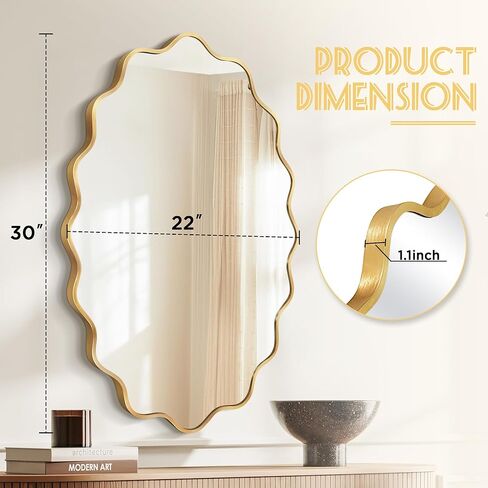مرآة حائط بيضاوية، مرآة حمام ذهبية متموجة مقاس 22 بوصة × 30 بوصة للجدار مع إطار فولاذي مصقول وزجاج مقاوم للكسر، مرايا حائط مزخرفة لحوض الحمام وغرفة النوم وغرفة المعيشة والمدخل in Kuwait