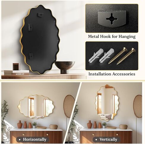 مرآة حائط بيضاوية، مرآة حمام ذهبية متموجة مقاس 22 بوصة × 30 بوصة للجدار مع إطار فولاذي مصقول وزجاج مقاوم للكسر، مرايا حائط مزخرفة لحوض الحمام وغرفة النوم وغرفة المعيشة والمدخل in Kuwait