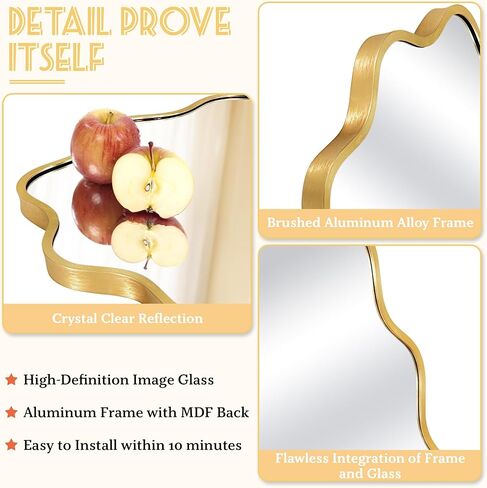 مرآة حائط بيضاوية، مرآة حمام ذهبية متموجة مقاس 22 بوصة × 30 بوصة للجدار مع إطار فولاذي مصقول وزجاج مقاوم للكسر، مرايا حائط مزخرفة لحوض الحمام وغرفة النوم وغرفة المعيشة والمدخل in Kuwait