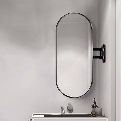 27x16in Oval Corner Bathroom Mirror, Corner Vanity Mirror,Swivel Wall Mount Mirror, Black Aluminum Frame, Adjustable Arm in Saudi Arabia