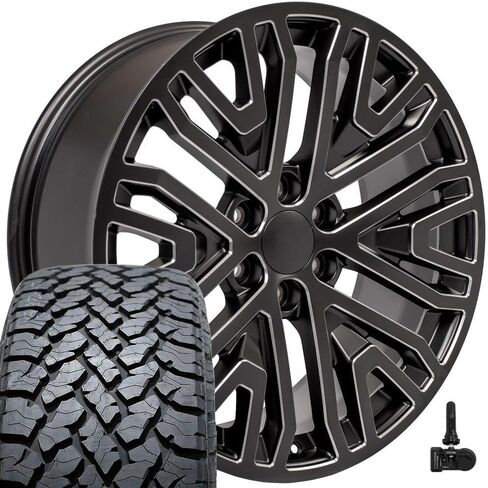 إطارات وإطارات OE Wheels CV37 مقاس 22 بوصة تناسب طراز Sierra 1500 6x139.7 22x9 أسود ساتان مع حافة مطحونة - هولاندر 5906 - TS-37 AT 285/45-22 (مجموعة من 4) in Kuwait