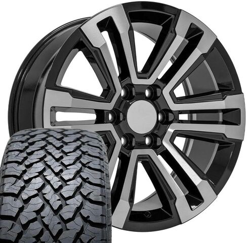 إطارات وإطارات OE Wheels CV44 مقاس 20 بوصة تناسب طراز يوكون دينالي 6x139.7 20x9 مصنعة باللون الأسود اللامع - هولاندر 5822 - TS-37 AT 275/55-20 (مجموعة من 4) in Saudi Arabia