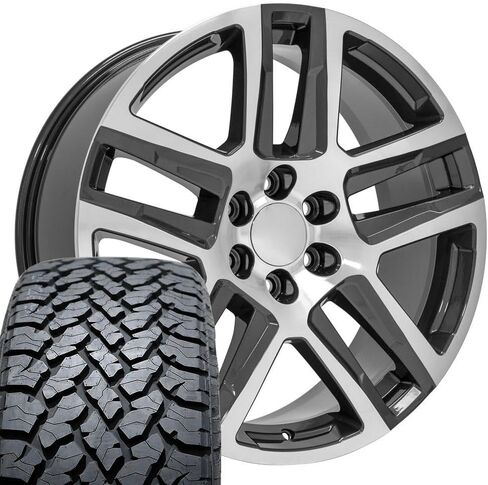 إطارات وإطارات OE Wheels CV63 مقاس 22 بوصة تناسب Silverado 1500 Z71 Style 6x139.7 22x9 مصنوعة من المعدن اللامع - هولاندر 5913 - TS-37 AT 285/45-22 (مجموعة من 4) in Saudi Arabia
