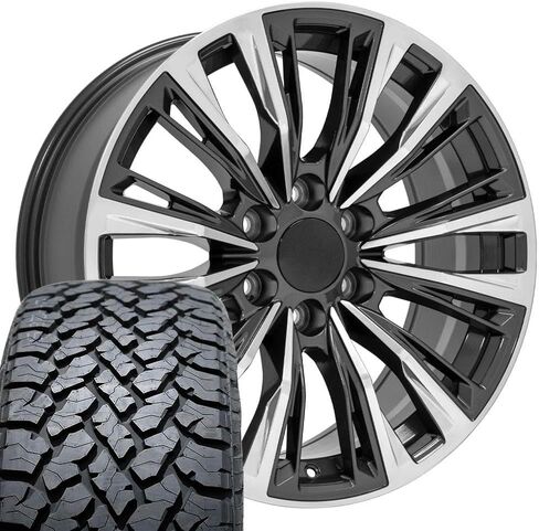 OE Wheels CA93 20 Inch Rims and Tires Fit Escalade-V Series Style 6x139.7 20x9 Gloss Gunmetal with Polished Face - Hollander 4869 - TS-37 AT 275/55-20 (Set of 4) in Saudi Arabia