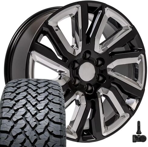 OE Wheels CV39 22 Inch Rims and Tires Fit Sierra 1500 Style 6x139.7 22x9 Gloss Black with Chrome Insert - Hollander 5901 - TS-37 AT 285/45-22 (Set of 4) in Saudi Arabia