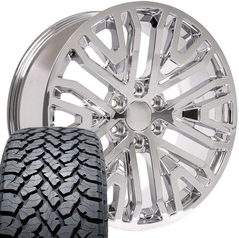 إطارات وإطارات OE Wheels CV37 مقاس 22 بوصة تناسب طراز Sierra 1500 6x139.7 22x9 كروم - هولاندر 5906 - TS-37 AT 285/45-22 (مجموعة من 4) in Saudi Arabia