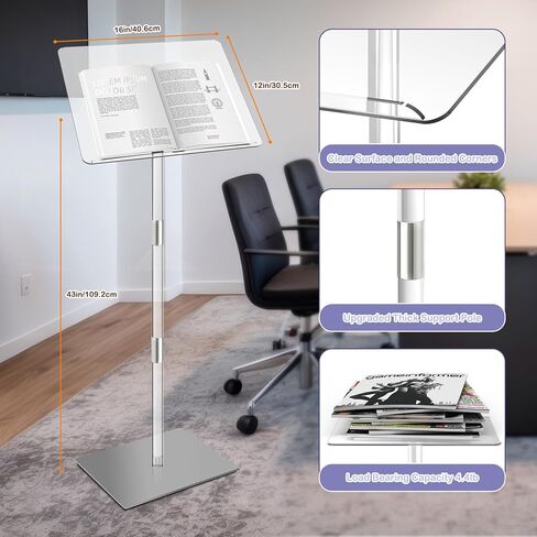Acrylic Podium Stand, Portable Lecterns & Podiums Music Stand 180° Adjustable Angles with Metal Base for Church Classroom Wedding Concert Speech pulpitos para Iglesias 16" L x 12" W x 43" H (Clear) in Kuwait
