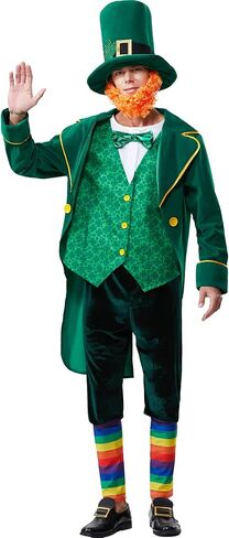 زي Leprechaun للرجال في عيد القديس باتريك للكبار باللون الأخضر المحظوظ 5 قطع بدلة جاكيت أيرلندية للرجال لمجموعة الهالوين in Kuwait