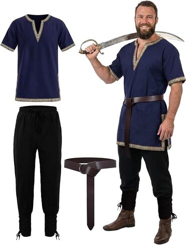 Renaissance Medieval Knight Costume for Men - 3PC Pirate Viking V-neck Tunic Set Halloween Cosplay Outfit in Kuwait