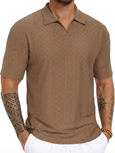 Vssjavun Mens V Neck Polo Shirts Oversized Drop Shoulder Short Sleeve Hollow Out Buttonless Casual Beach Shirt in Kuwait