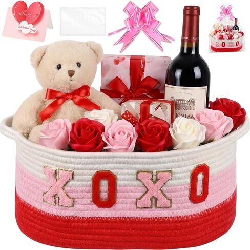 8 Set Valentines Day Gift Basket Woven Empty Basket with Cellophane Bags Pull Bow Greeting Card & Letter Stickers Empty Decorative Gifts Chest Box with Handles for Party Favors Baby Shower (Small) in Saudi Arabia