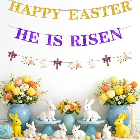 لافتة He is Risen لافتة عيد الفصح السعيدة، لافتة Jesus is Risen، لافتة دينية على شكل أرنب مسيحي، إكليل للمنزل والمكتب والمدرسة in Kuwait