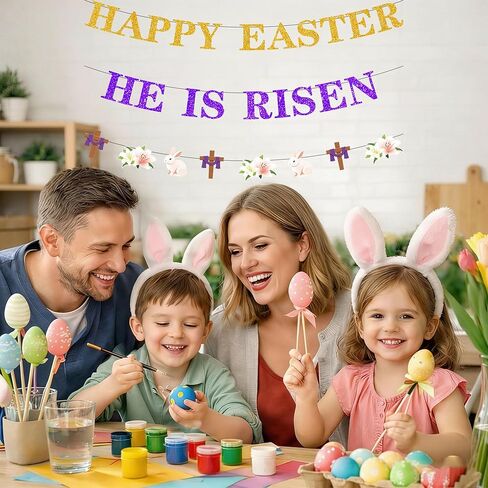 لافتة He is Risen لافتة عيد الفصح السعيدة، لافتة Jesus is Risen، لافتة دينية على شكل أرنب مسيحي، إكليل للمنزل والمكتب والمدرسة in Kuwait