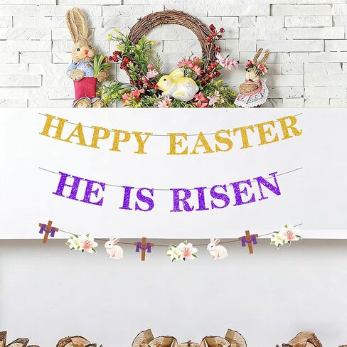 لافتة He is Risen لافتة عيد الفصح السعيدة، لافتة Jesus is Risen، لافتة دينية على شكل أرنب مسيحي، إكليل للمنزل والمكتب والمدرسة in Kuwait