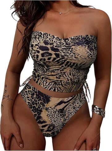 SweatyRocks Women's Ruched Bandeau Tankini Swimsuit Cheetah High Waisted 2 Piece Bathing Suit in Saudi Arabia