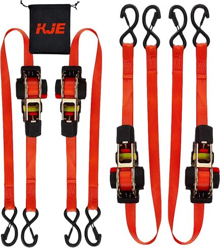 4 قطع من أشرطة ربط السقاطة القابلة للسحب من KJE، مقاس 2.54 سم × 25.4 سم - قوة كسر قصوى تبلغ 1.410 رطل، حزام سقاطة قابل للسحب ذاتيًا - خطاف على شكل حرف S مع مشبك، للدراجات النارية، قوارب الكاياك، مركبات الدفع الرباعي، القوارب in Kuwait