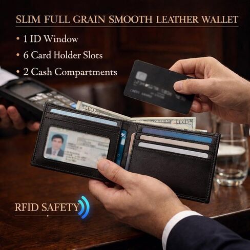 محفظة رفيعة RFID ثنائية الطي للرجال، جلد ناعم محبب بالكامل، تصميم بسيط مع نافذة لبطاقة الهوية، 6 ... in Saudi Arabia