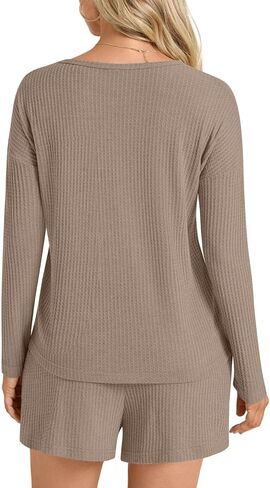 طقم بيجامة نسائي من Anydoll طقم صالة منسوج من نسيج الوافل وأكمام طويلة وسروال قصير مكون من قطعتين ملابس نوم مع جيوب in Kuwait