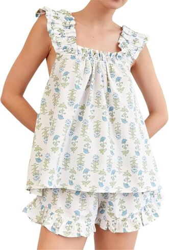 Women Ruffle Shorts Set Y2k Casual Square Neck Sleeveless Tank Top Shorts Cute Loose Fit 2 Piece Bridal Pajama Sets in Saudi Arabia