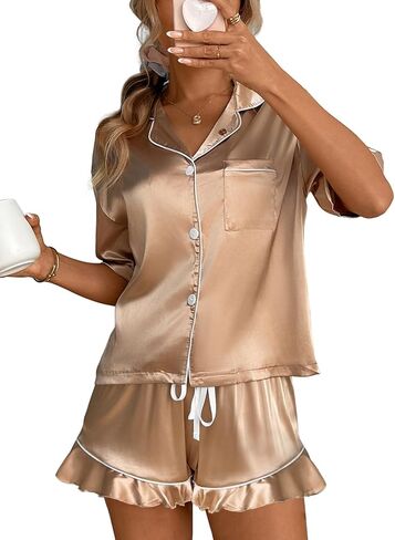 طقم بيجامة حريمي من الساتان والحرير من CHYRII مكون من قطعتين Pj بأكمام قصيرة وسروال قصير مكشكش ملابس نوم مع ناشر مغناطيسي in Kuwait